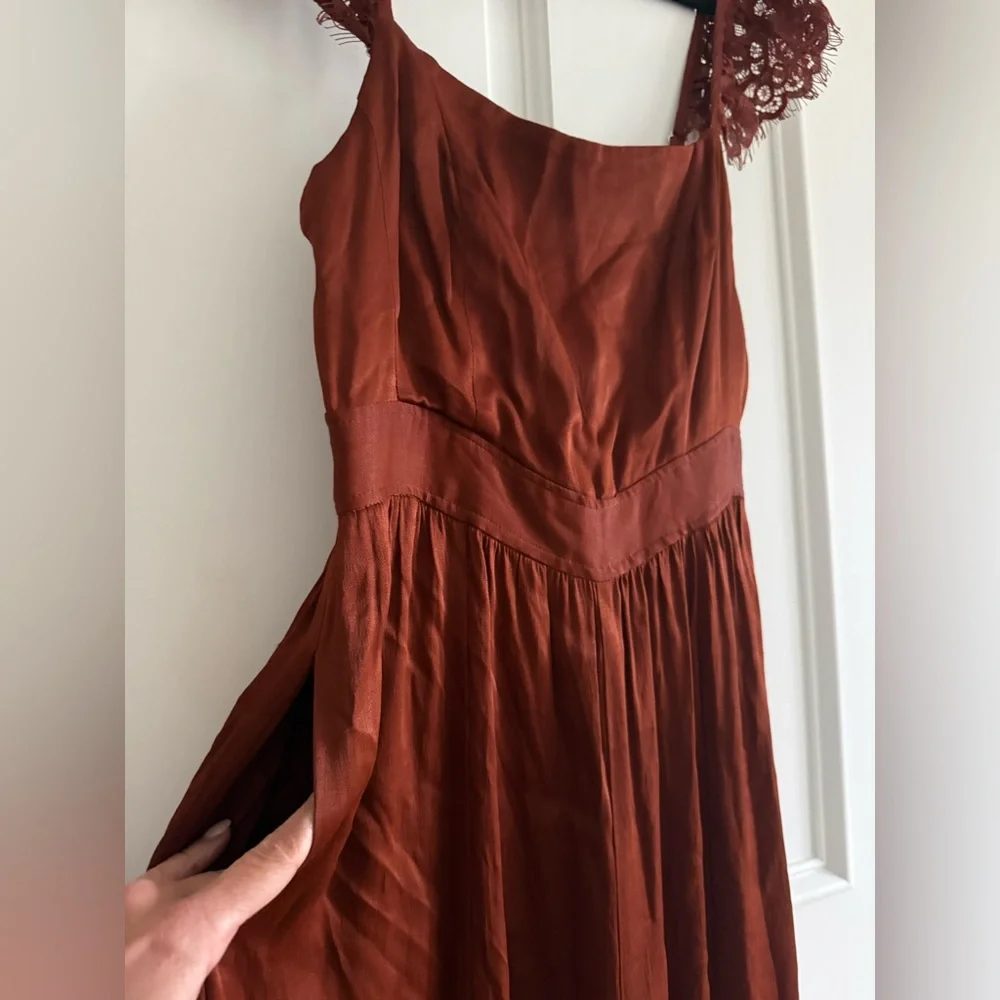 By Anthropologie Lace Mix Jumpsuit red rusty brown 2 - Picture 7 of 10